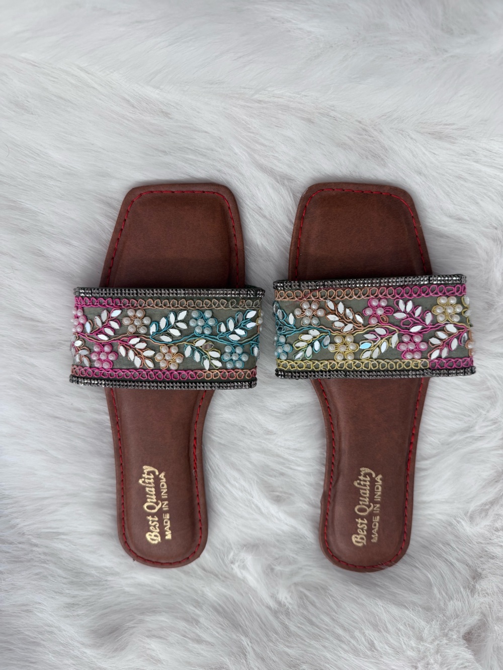Best Quality Multicolor Embellished Slide Sandals - Brown
